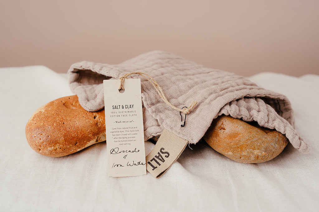 Muslin face cloth dyes with Avocado and Iron water.Face cloth. Hand dyed with natural fruit and vegetable dyes. Vegan skincare. Salt & Clay. Hampshire UK.