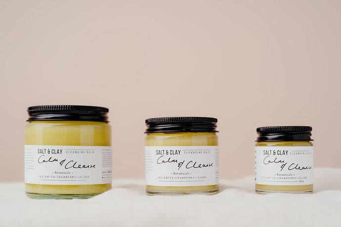 Our best selling Calm and Cleanse cleansing balm featuring nourishing and soothing butters and oils. Unscented. Plant based beauty. Vegan skincare. Vegan beauty. Salt & Clay. 