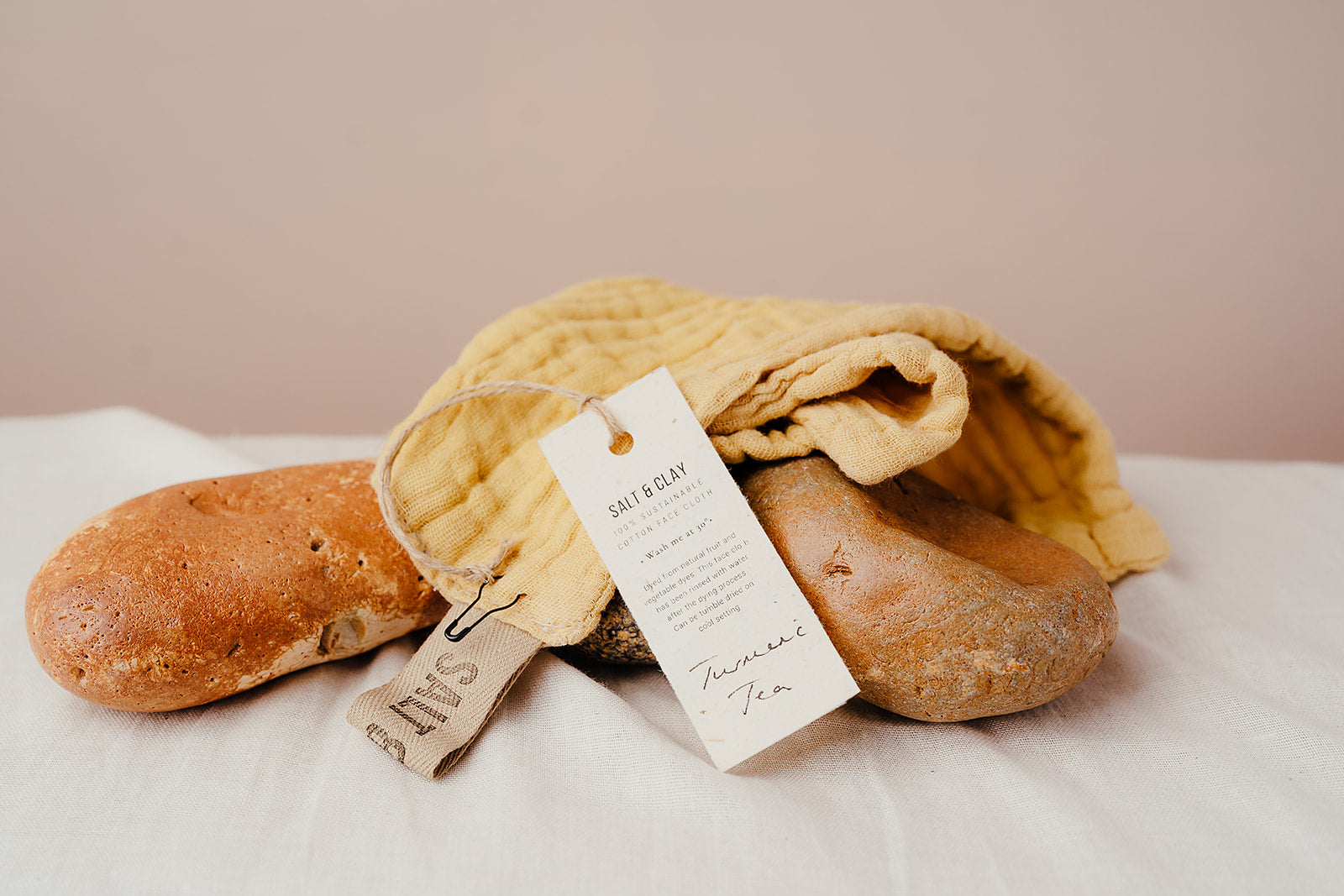 Turmeric tea muslin face cloth. Face cloth. Hand dyed with natural fruit and vegetable dyes. Vegan skincare. Salt & Clay. Hampshire UK.